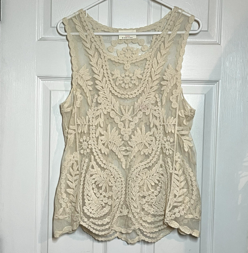 Embroidered Mesh Lace Top Womens Med White Tank Sheer Lace Festival Boho Layer